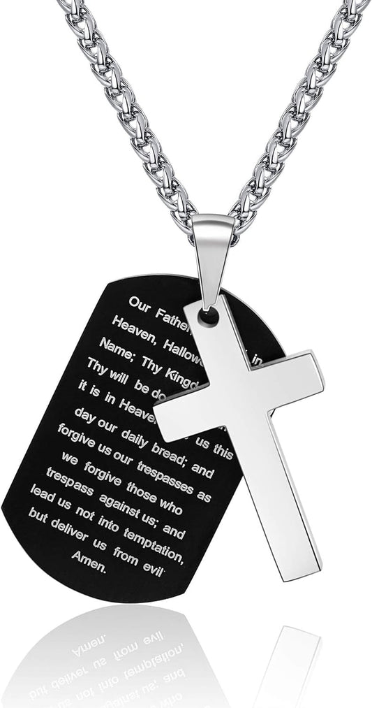 Dog Tag Cross Necklace for Men Boys, Bible Verse Pendant with Wheat Chain Christian Religious Christmas Jewelry Gifts 24 Inches