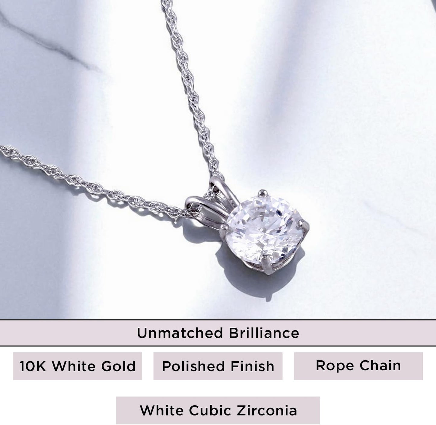 10K Yellow / White Gold Solitaire Pendant Necklace for Women | Dainty round Cut Cubic Zirconia Gold Necklace 6.5MM (1 CTW), 7.5MM (1.5 CTW), 8.0MM (2.0 CTW) | 18" Rope Chain | Birthday Gift for Her | Gift Box Included