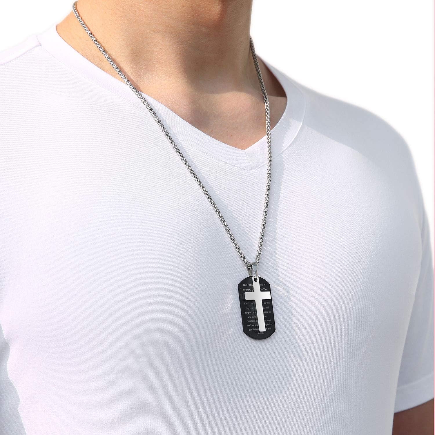 Dog Tag Cross Necklace for Men Boys, Bible Verse Pendant with Wheat Chain Christian Religious Christmas Jewelry Gifts 24 Inches