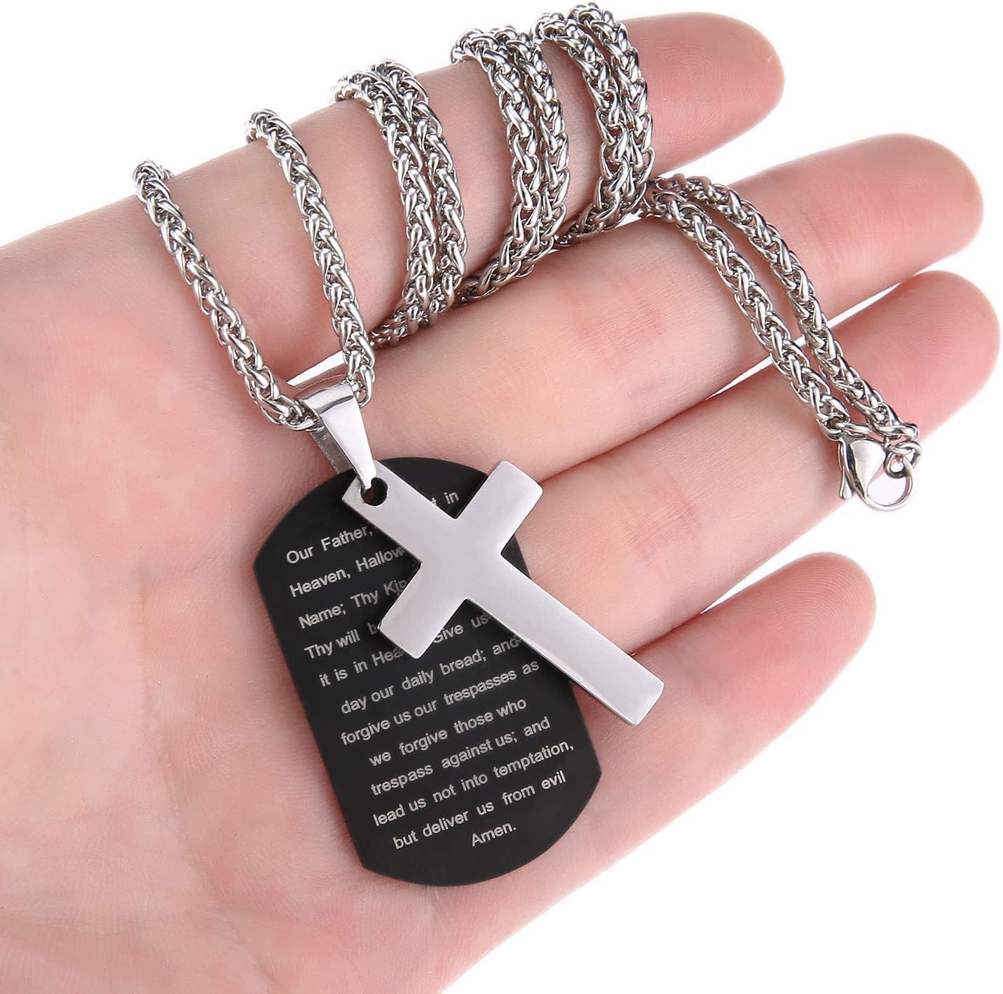 Dog Tag Cross Necklace for Men Boys, Bible Verse Pendant with Wheat Chain Christian Religious Christmas Jewelry Gifts 24 Inches