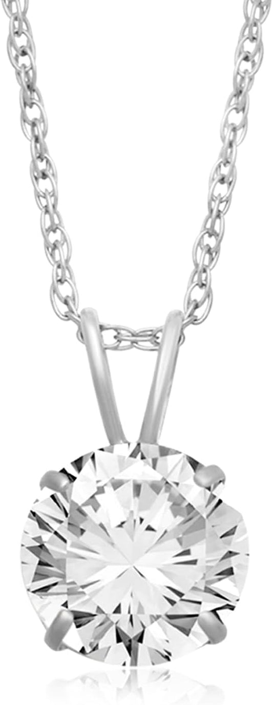 10K Yellow / White Gold Solitaire Pendant Necklace for Women | Dainty round Cut Cubic Zirconia Gold Necklace 6.5MM (1 CTW), 7.5MM (1.5 CTW), 8.0MM (2.0 CTW) | 18" Rope Chain | Birthday Gift for Her | Gift Box Included