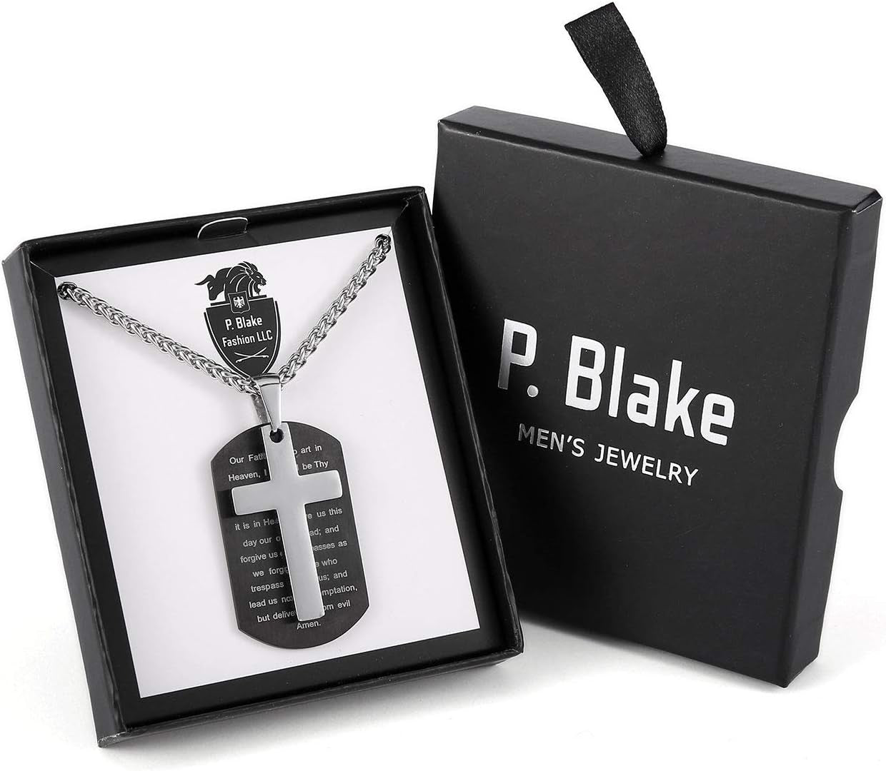 Dog Tag Cross Necklace for Men Boys, Bible Verse Pendant with Wheat Chain Christian Religious Christmas Jewelry Gifts 24 Inches