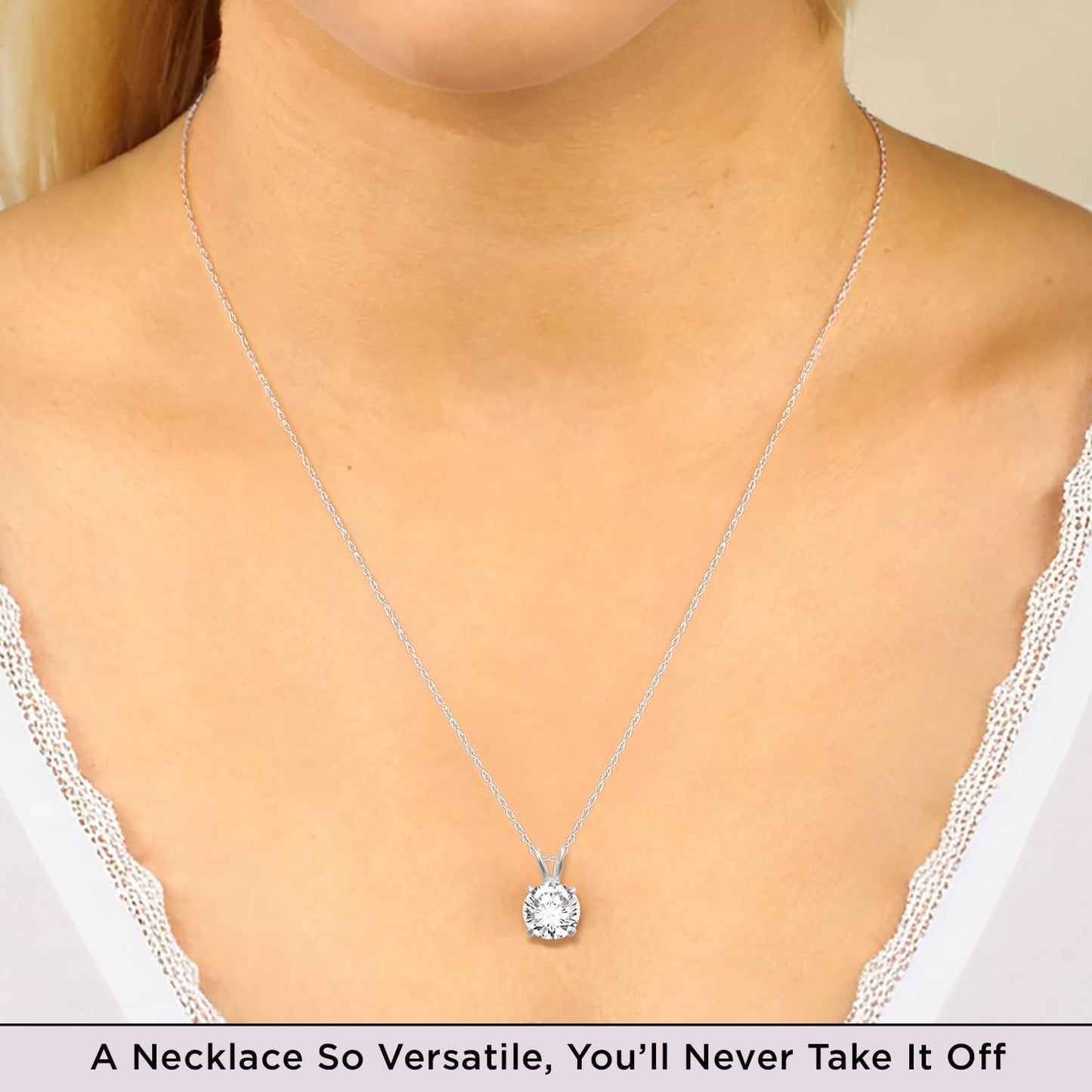 10K Yellow / White Gold Solitaire Pendant Necklace for Women | Dainty round Cut Cubic Zirconia Gold Necklace 6.5MM (1 CTW), 7.5MM (1.5 CTW), 8.0MM (2.0 CTW) | 18" Rope Chain | Birthday Gift for Her | Gift Box Included