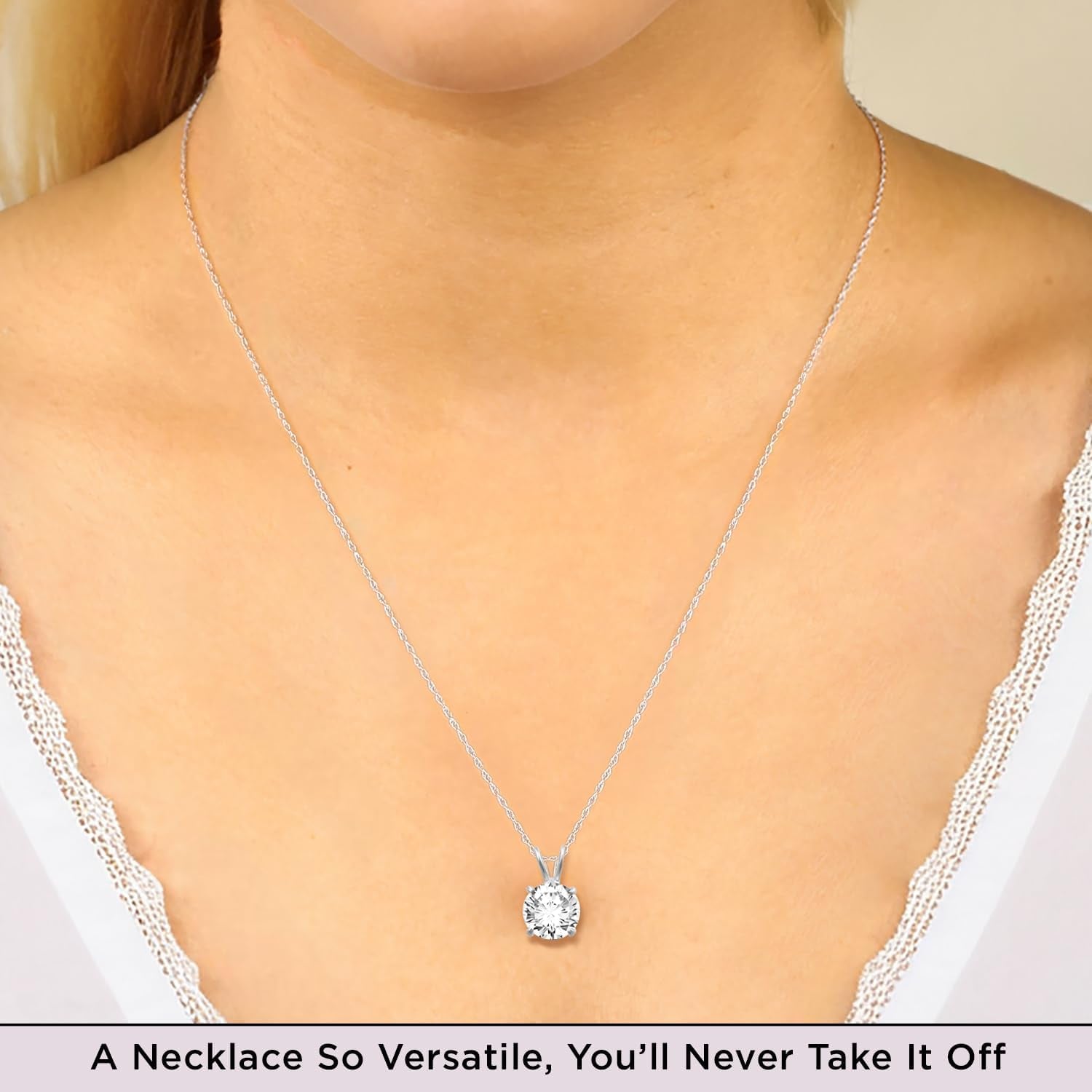 10K Yellow / White Gold Solitaire Pendant Necklace for Women | Dainty round Cut Cubic Zirconia Gold Necklace 6.5MM (1 CTW), 7.5MM (1.5 CTW), 8.0MM (2.0 CTW) | 18" Rope Chain | Birthday Gift for Her | Gift Box Included