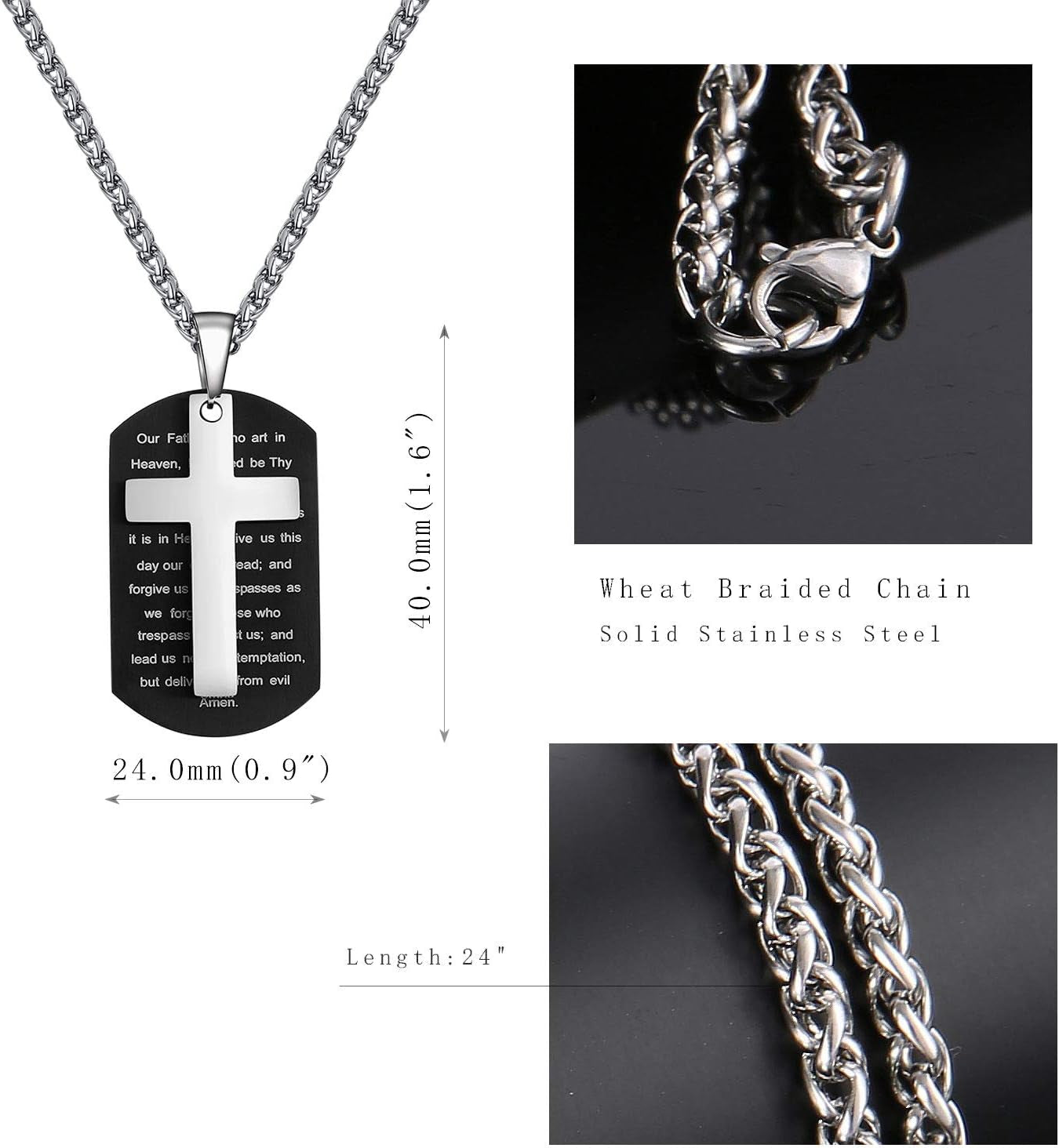 Dog Tag Cross Necklace for Men Boys, Bible Verse Pendant with Wheat Chain Christian Religious Christmas Jewelry Gifts 24 Inches