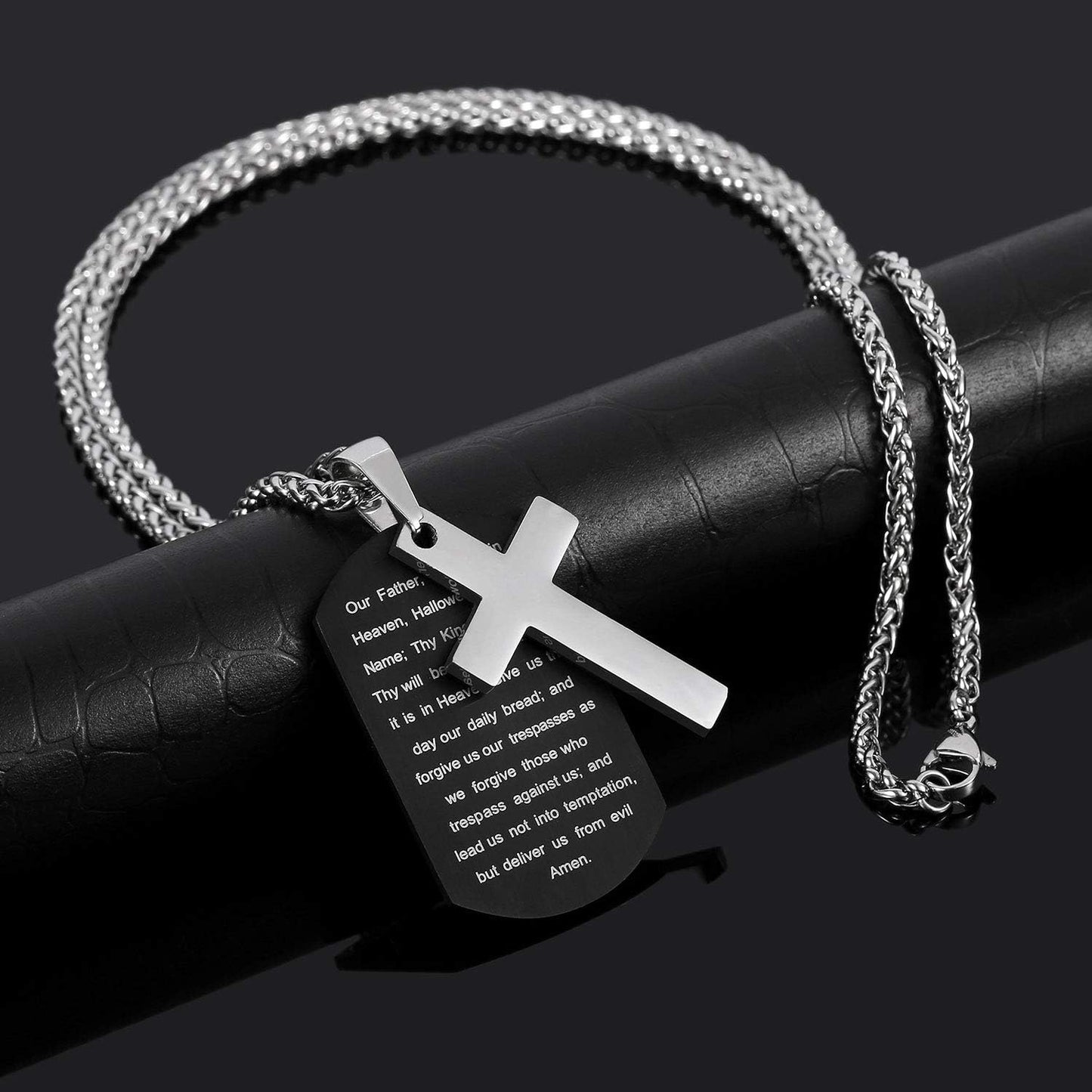 Dog Tag Cross Necklace for Men Boys, Bible Verse Pendant with Wheat Chain Christian Religious Christmas Jewelry Gifts 24 Inches