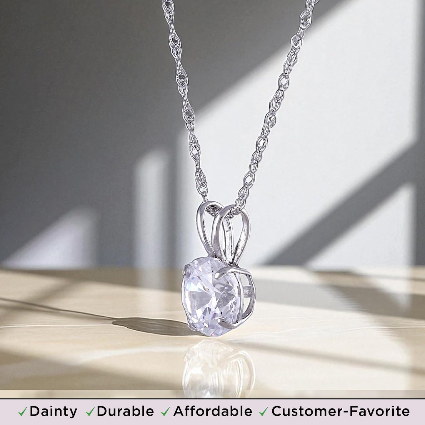 10K Yellow / White Gold Solitaire Pendant Necklace for Women | Dainty round Cut Cubic Zirconia Gold Necklace 6.5MM (1 CTW), 7.5MM (1.5 CTW), 8.0MM (2.0 CTW) | 18" Rope Chain | Birthday Gift for Her | Gift Box Included