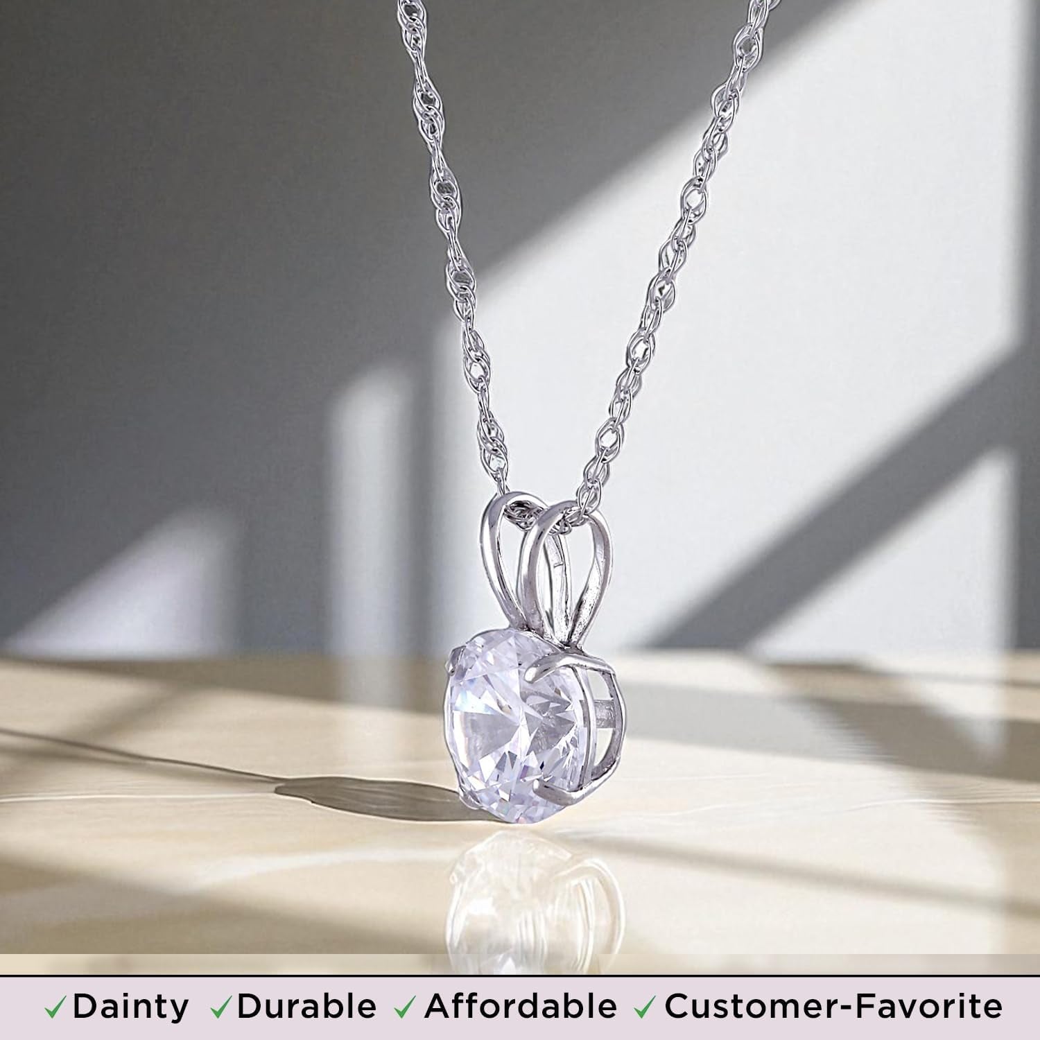 10K Yellow / White Gold Solitaire Pendant Necklace for Women | Dainty round Cut Cubic Zirconia Gold Necklace 6.5MM (1 CTW), 7.5MM (1.5 CTW), 8.0MM (2.0 CTW) | 18" Rope Chain | Birthday Gift for Her | Gift Box Included